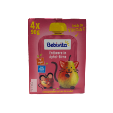 Дитяче фруктове пюре яблуко-груша-полуниця від 1 року Erdbeere-Apfel-Birne Bebivita 4*90g