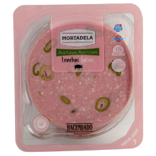 Варена ковбаса мортадела з оливками слайсами Mortadela Hacendado 250g