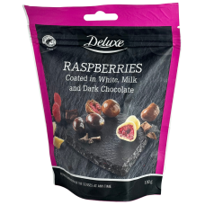 Малина сушена в молочному, білому та темному шоколаді Raspberries Deluxe 100g
